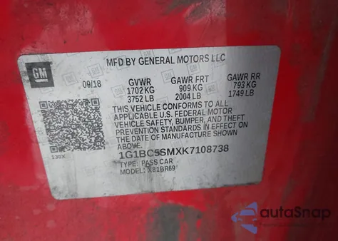 2019 Chevrolet Cruze Ls из США, поврежденный, VIN 1G1BC5SMXK7108738